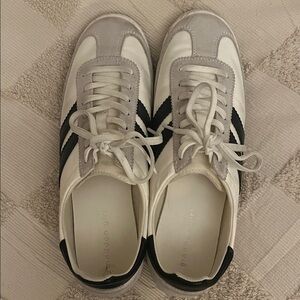 Madden Girl : White and Gray Leather and poly Sneakers with Black Stripes